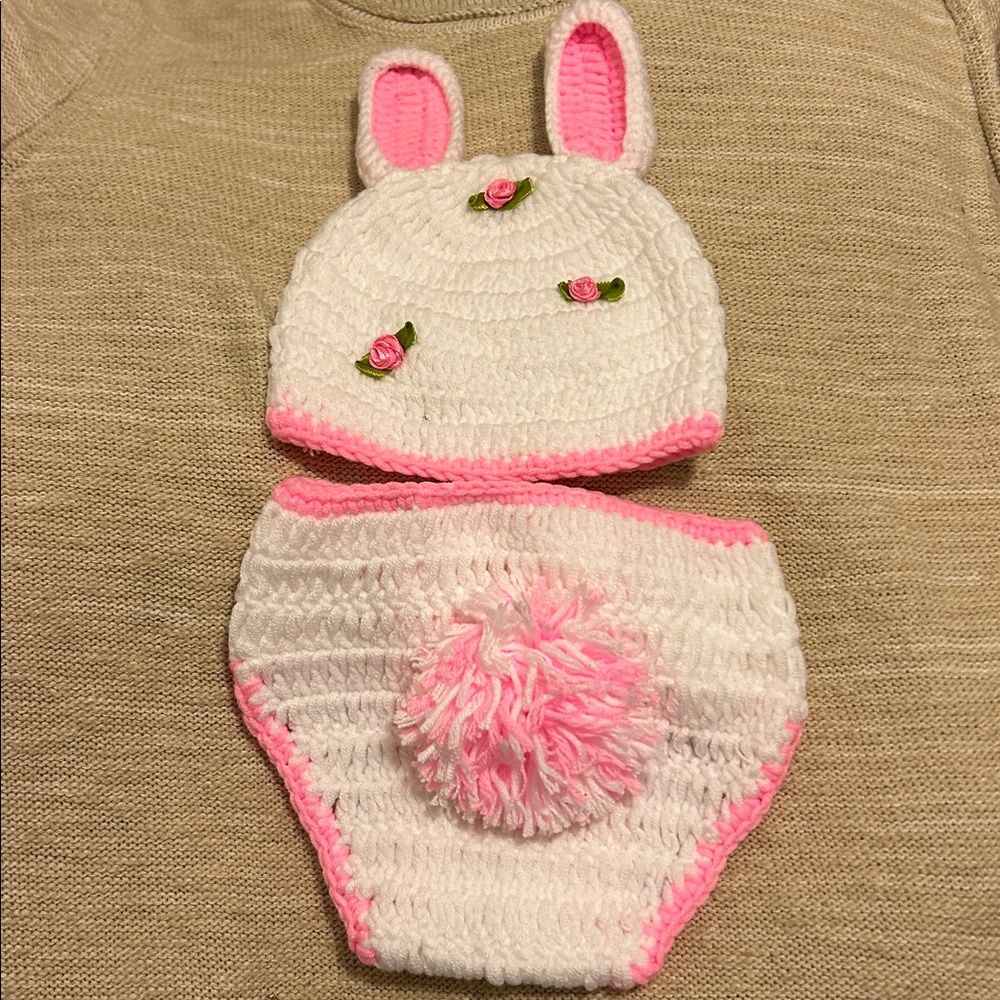 OOAK NWOT Infant Bunny Outfit Baby Girl Hat & Diaper Cover PhotoOp Costume Party